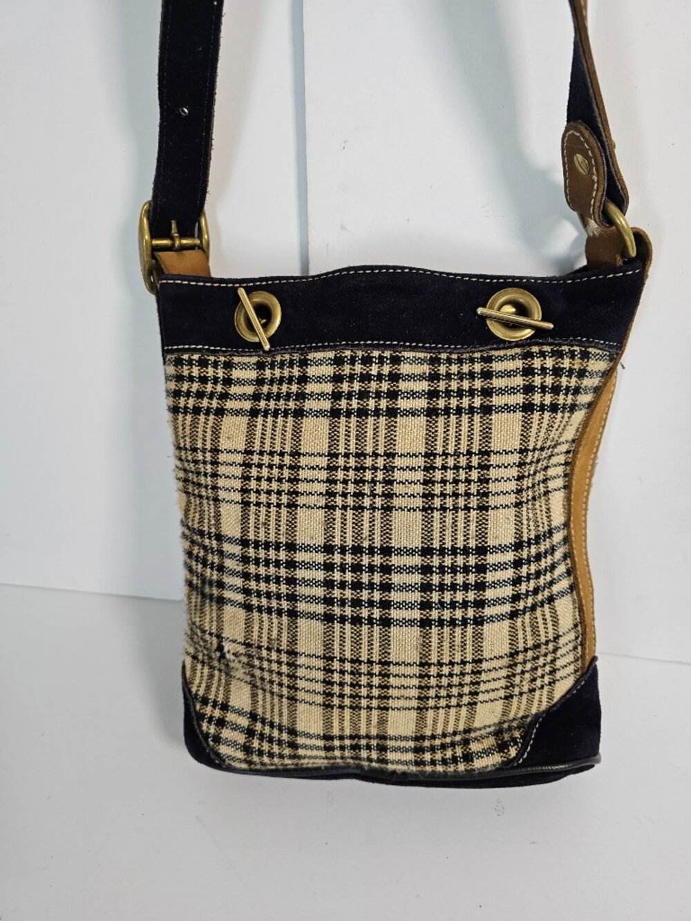 5/A Baker Blanket Bag Plaid Suede Tan Black Shoulder Preppy Equestrian - Picture 4 of 9